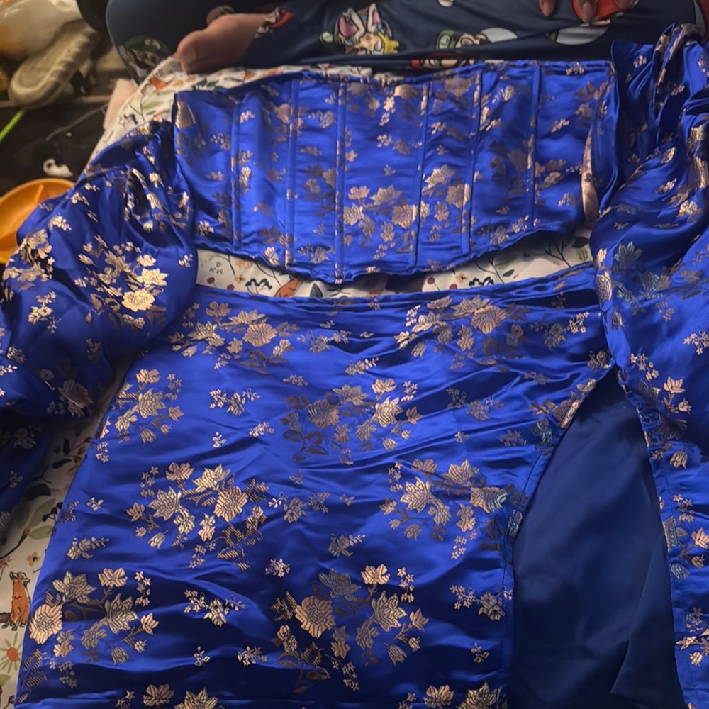 Fashion Nova Blue and Gold Floral Dress